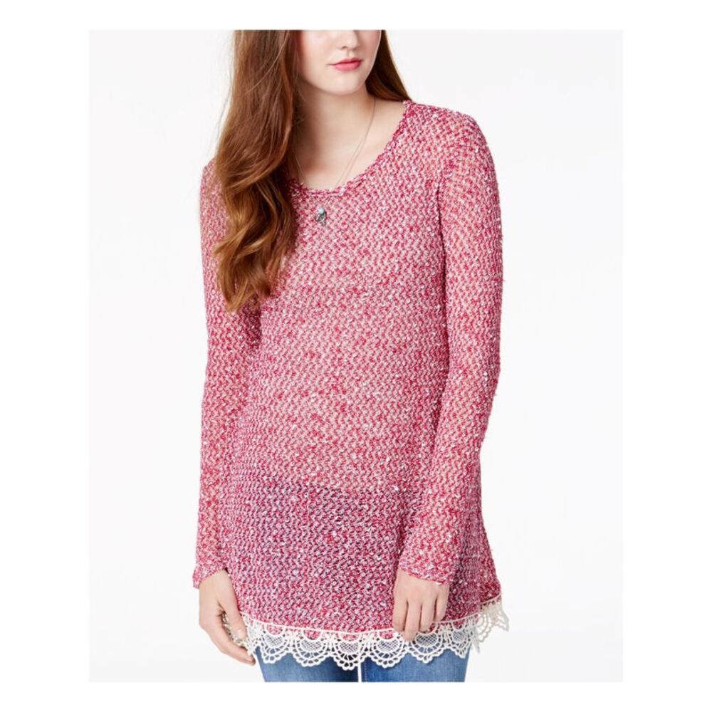 NWT OH MG Womens Top Red Sheer Long Sleeve Jewel Neck Juniors L